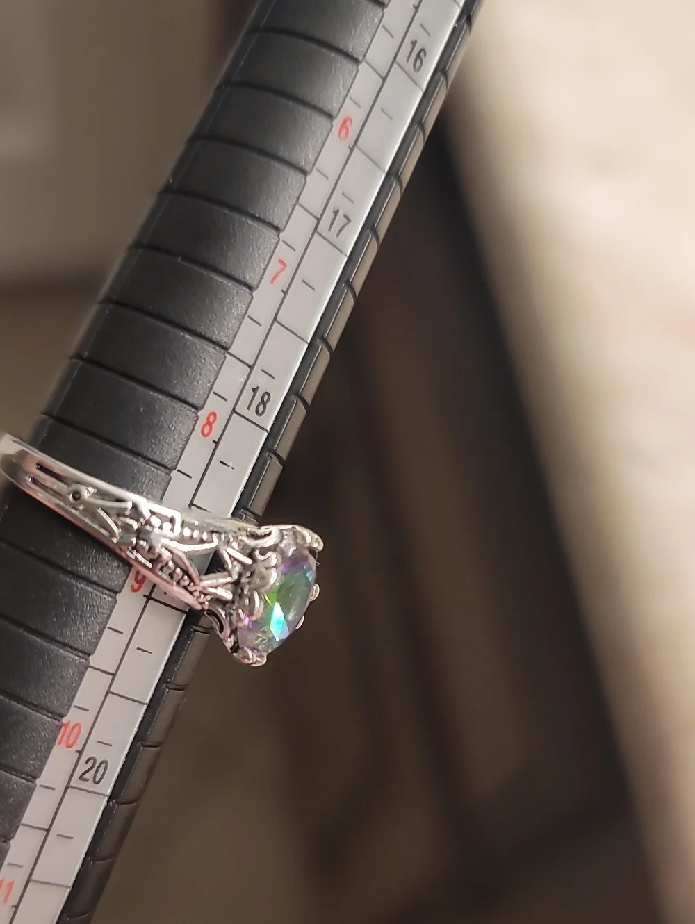 Stainless Steel Silver Plated Filigree Ring with Mystic Topaz/ Oil Spill Stone